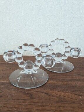 Pair of Two VTG MCM Art DecoBubble Crystal Imperial Candle Holders Double Taper
